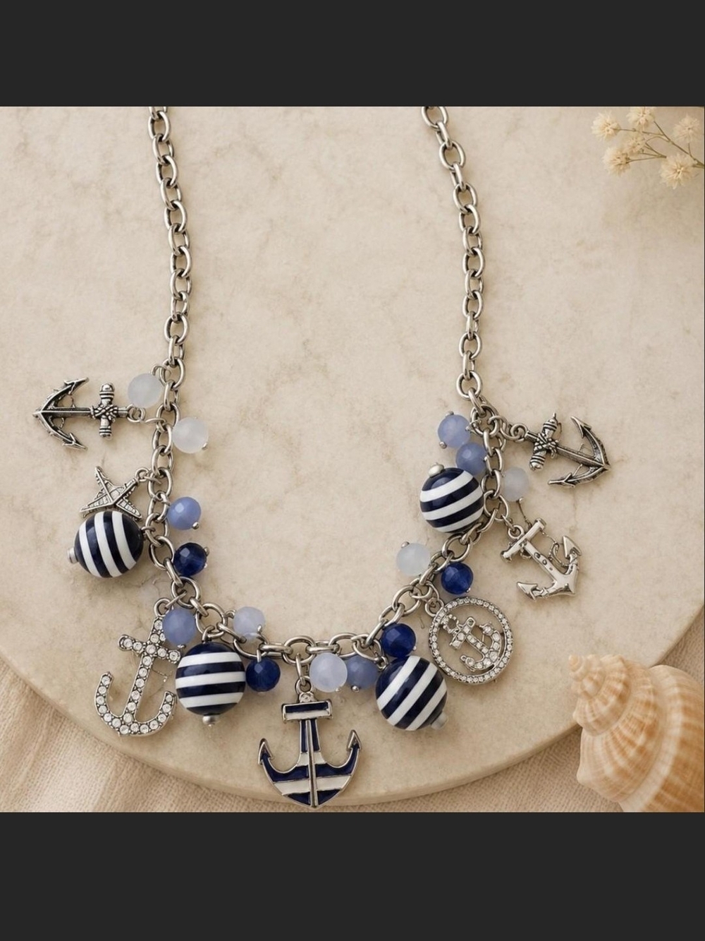 Pier 1 ~ Nautical Charm Statement Necklace Anchors Blue White Beads Silver Tone